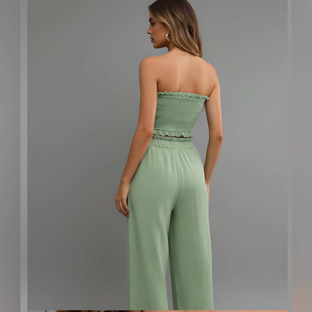 Green Tie Front Tube Top & Wide Leg Pants - Picture 3 of 9